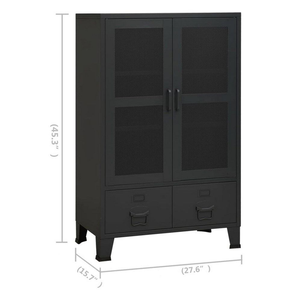 Coy Tall Storage Cabinet, 2 Drawers w 2 Mesh Front Doors, Metal Frame, Black - BM339684