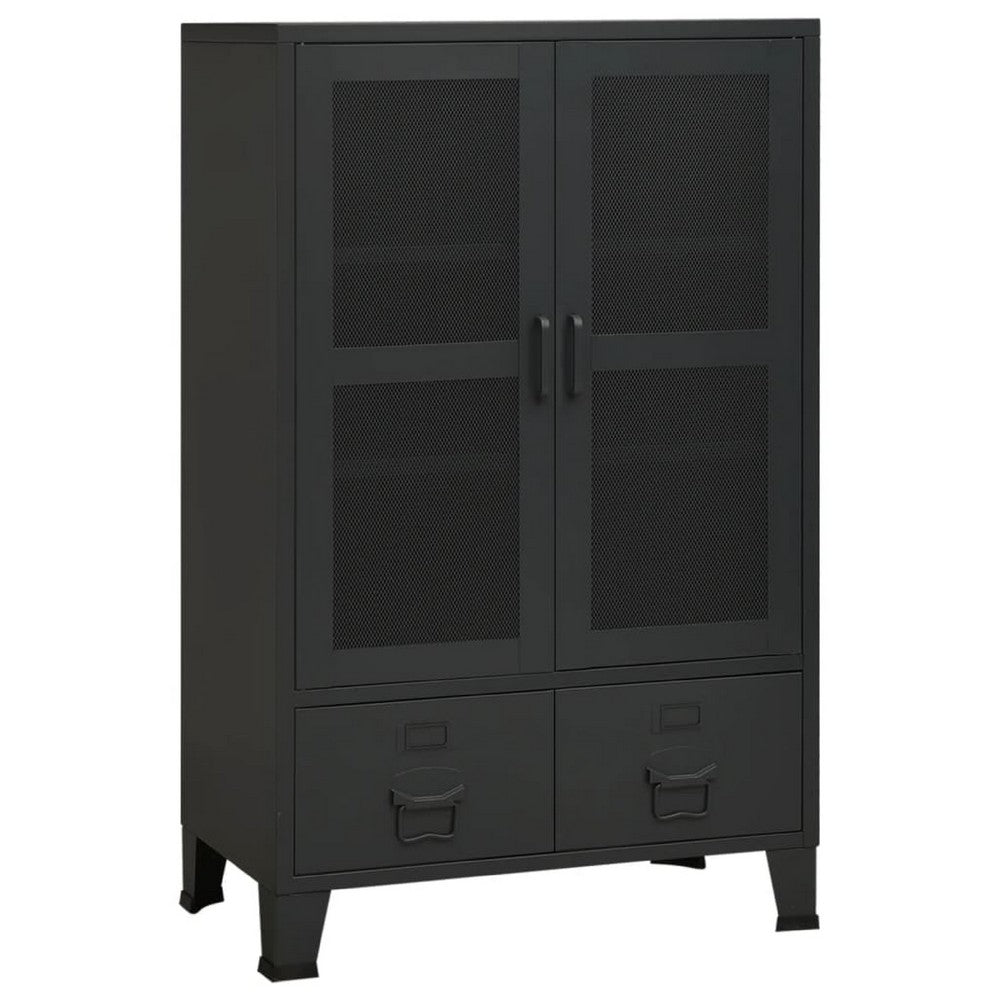 Coy Tall Storage Cabinet, 2 Drawers w 2 Mesh Front Doors, Metal Frame, Black - BM339684