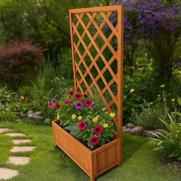 Biny Outdoor Garden Planter, Built In Trellis, Natural Brown Solid Wood - BM339688