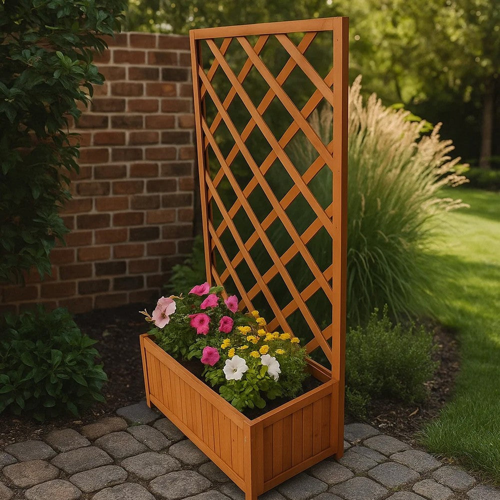 Biny Outdoor Garden Planter, Built In Trellis, Natural Brown Solid Wood - BM339688