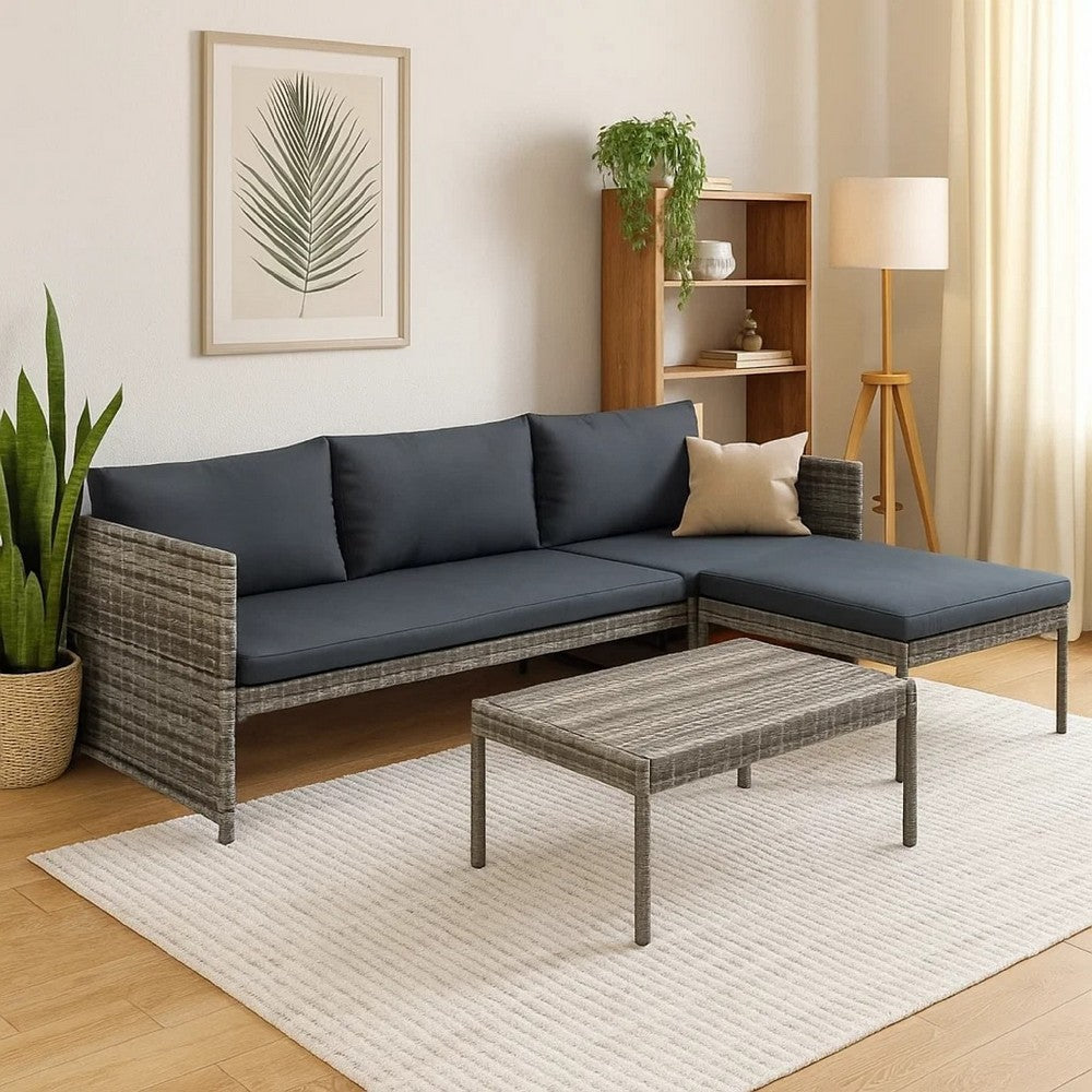 Leny 3pc Modular Garden Lounge Sofa Set with Table, Dark Gray Cushions - BM339689