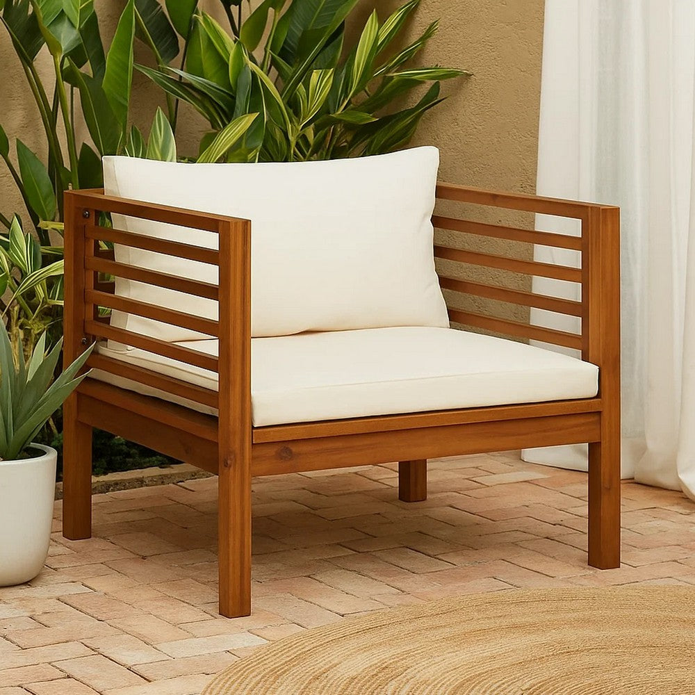 Lex Outdoor Armchair, Cream White Seat and Back Cushion, Brown Acacia Wood - BM339699