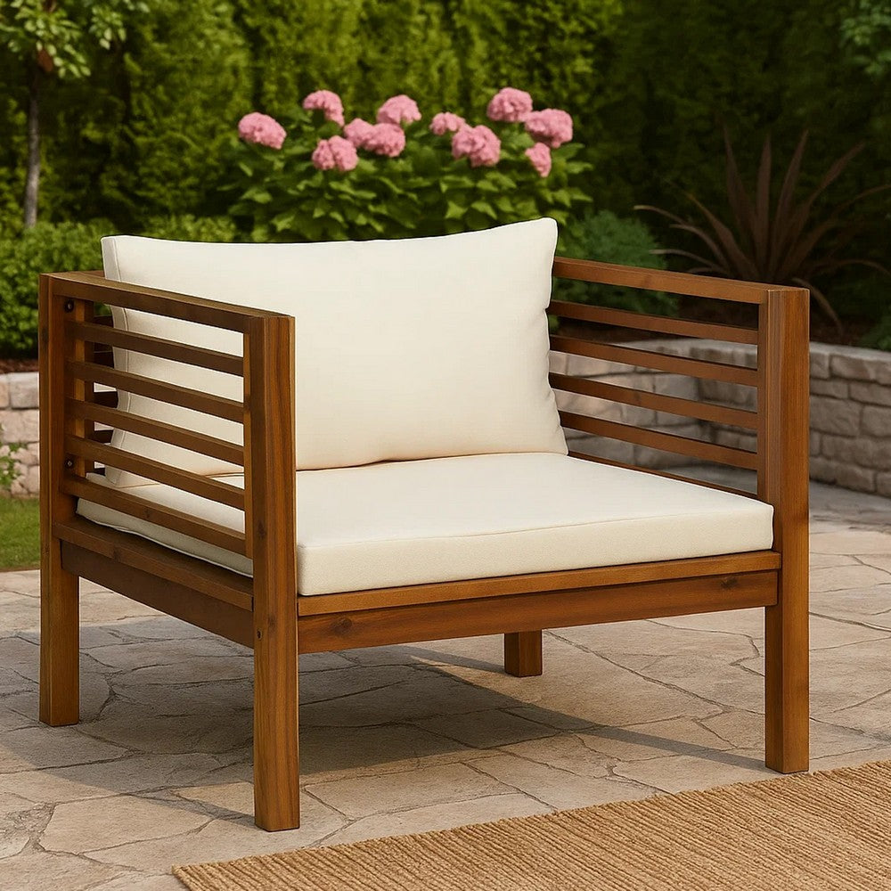 Lex Outdoor Armchair, Cream White Seat and Back Cushion, Brown Acacia Wood - BM339699
