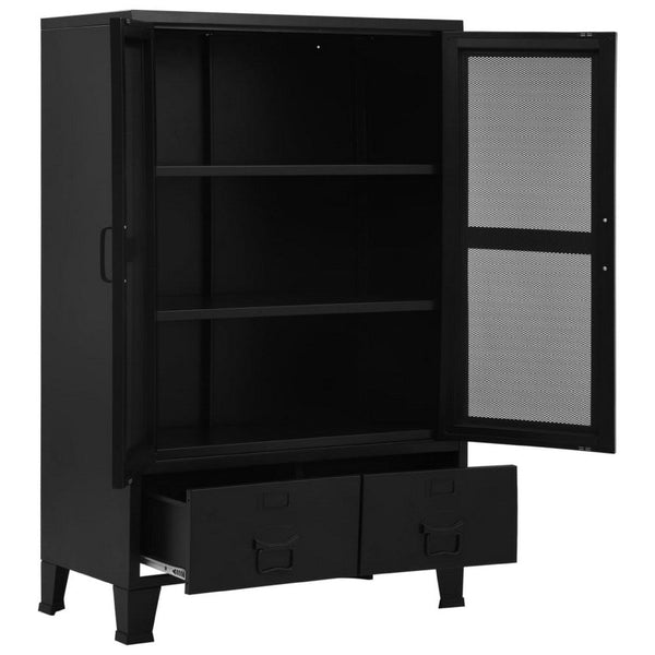 Miry Tall Office Cabinet, 2 Drawers w 2 Mesh Front Doors, Black Steel - BM339701