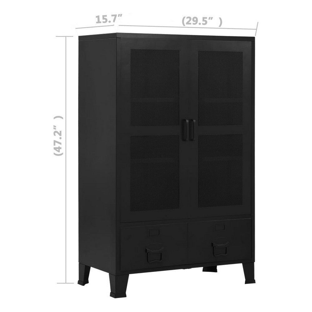 Miry Tall Office Cabinet, 2 Drawers w 2 Mesh Front Doors, Black Steel - BM339701