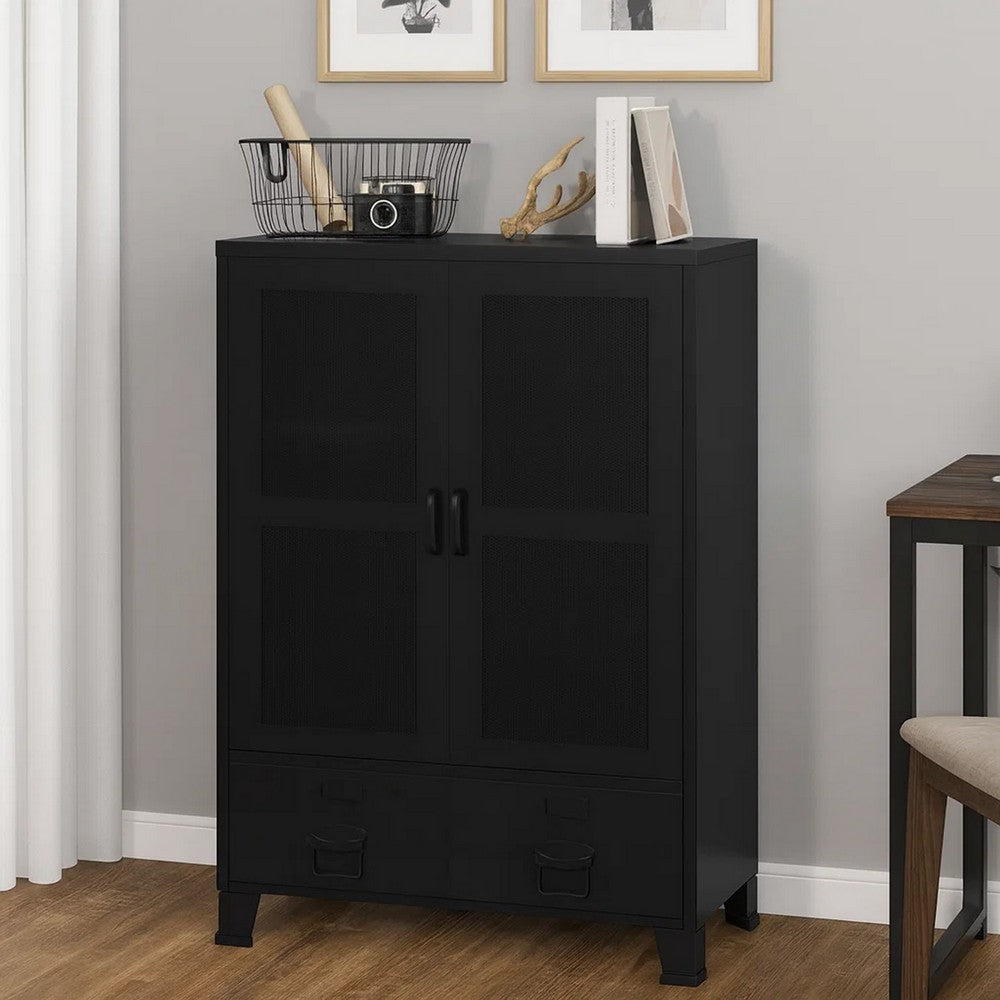 Miry Tall Office Cabinet, 2 Drawers w 2 Mesh Front Doors, Black Steel - BM339701