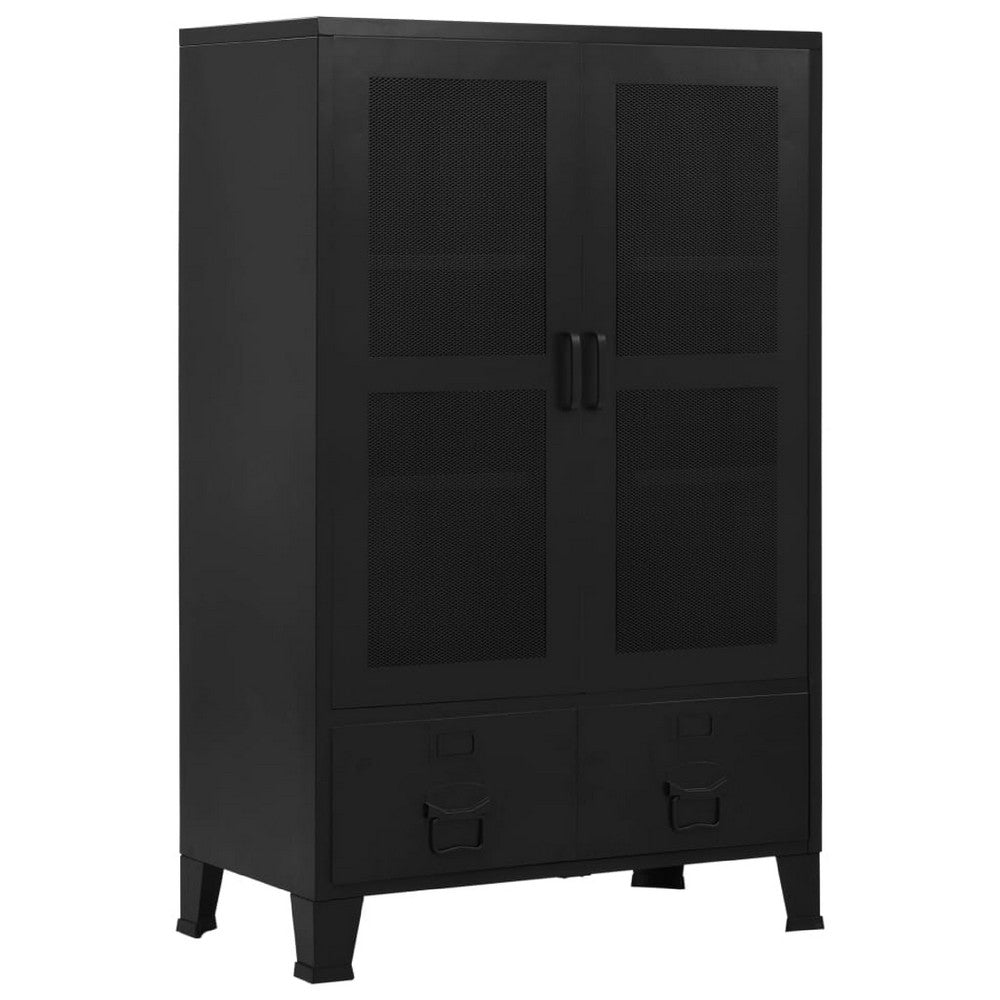 Miry Tall Office Cabinet, 2 Drawers w 2 Mesh Front Doors, Black Steel - BM339701