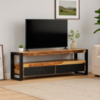 Kely TV Entertainment Media Cabinet, Brown Solid Sheesham Wood, Black Steel - BM339703