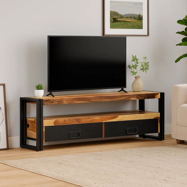 Kely TV Entertainment Media Cabinet, Brown Solid Sheesham Wood, Black Steel - BM339703