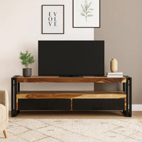 Kely TV Entertainment Media Cabinet, Brown Solid Sheesham Wood, Black Steel - BM339703