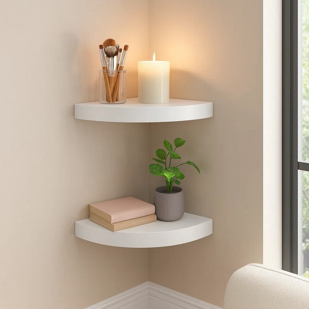 Phoebs Floating Corner Wall Shelf Set of 2, White Honeycomb, Rounded, 10 Inch - BM339721