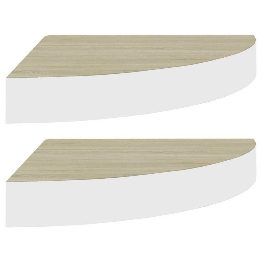 Phoebs Floating Wall Corner Shelf Set of 2, Oak-White Honeycomb, Rounded, 10 Inch - BM339724