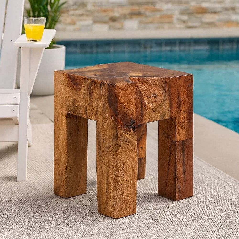 Dusty Outdoor Stool, Square Shaped Design, Brown Solid Teak Wood - BM339727