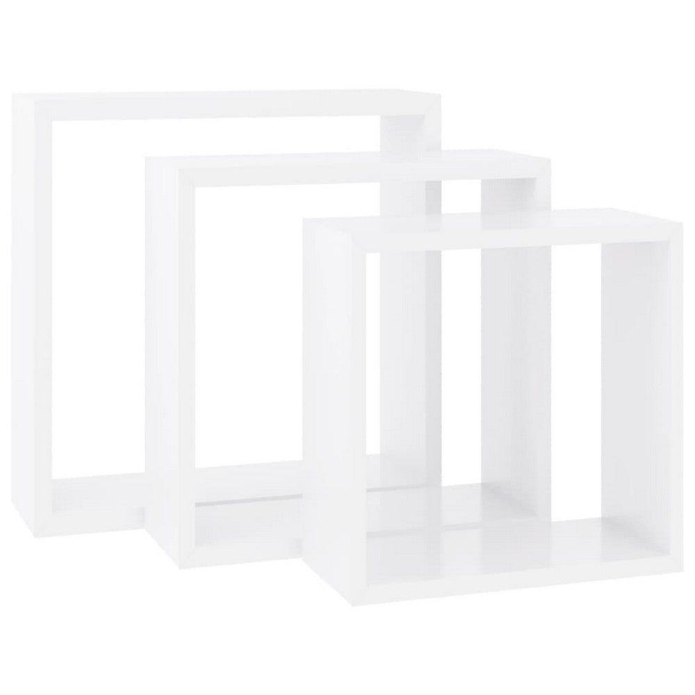 Monny Wall Mounted Shelf Set of 3, Cube Design, White Wood Frame, 9,10,12 Inch  - BM339729