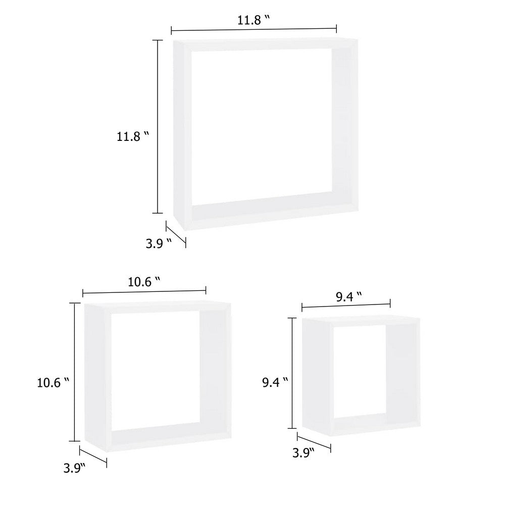 Monny Wall Mounted Shelf Set of 3, Cube Design, White Wood Frame, 9,10,12 Inch  - BM339729