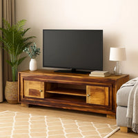 Fenny TV Stand Media Cabinet with 2 Doors, Brown Solid Wood, 24 Inch - BM339730