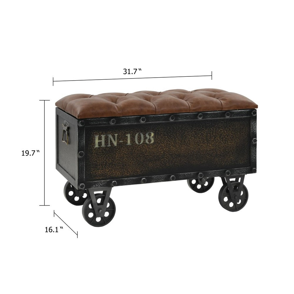 Harper Storage Bench, Wheels, 13 Inch Trunk Style Brown Faux Leather - BM339731