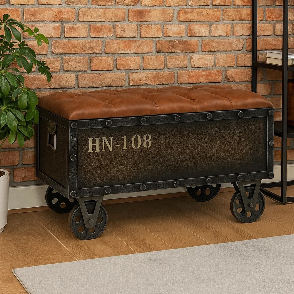 Harper Storage Bench, Wheels, 13 Inch Trunk Style Brown Faux Leather - BM339731