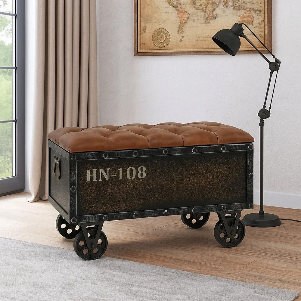 Harper Storage Bench, Wheels, 13 Inch Trunk Style Brown Faux Leather - BM339731
