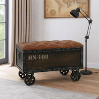 Harper Storage Bench, Wheels, 13 Inch Trunk Style Brown Faux Leather - BM339731