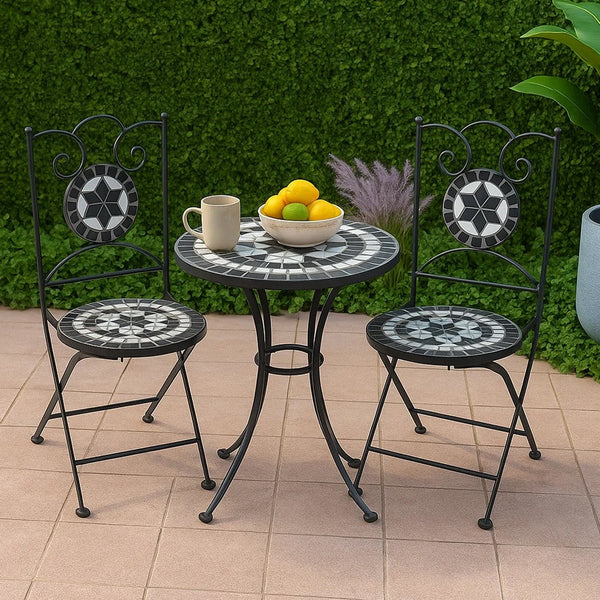 Azzy Outdoor Side Dining Chair Set of 2, Steel Black White Geometric Ceramic - BM339742