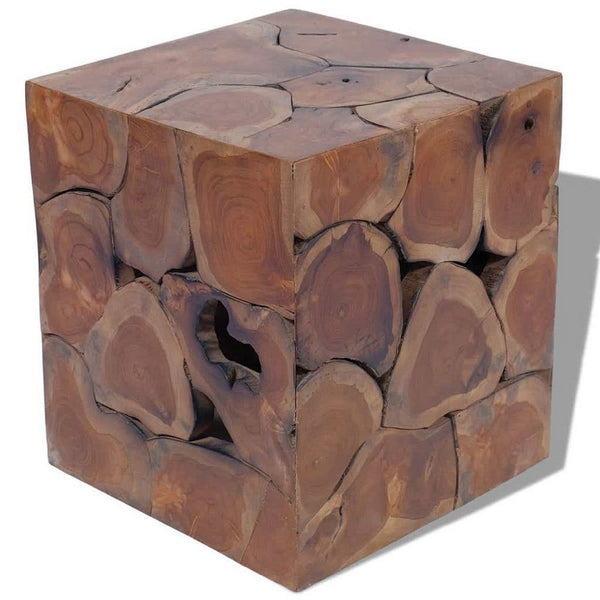 Anuv Square Side Table Stool with Grained Details, Brown Solid Teak Wood - BM339746