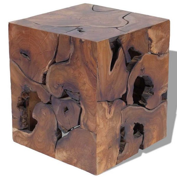 Anuv Square Side Table Stool with Grained Details, Brown Solid Teak Wood - BM339746