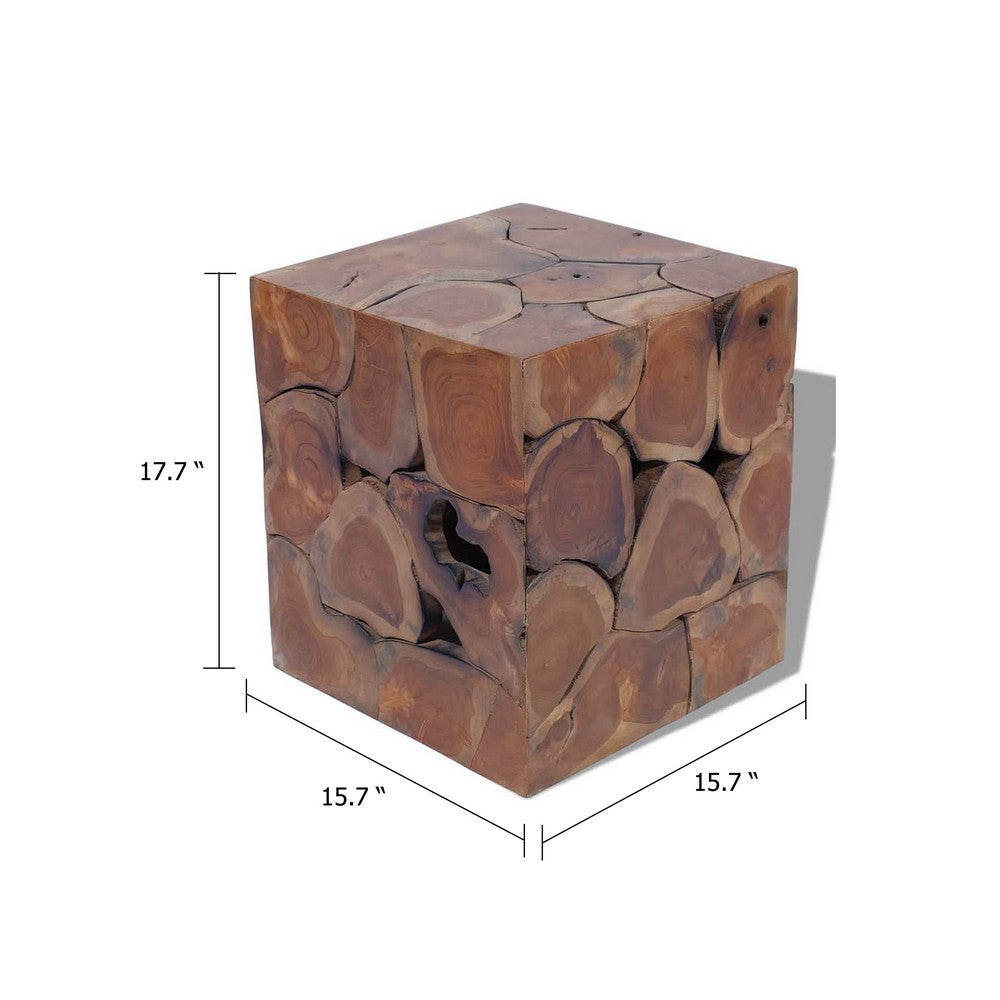Anuv Square Side Table Stool with Grained Details, Brown Solid Teak Wood - BM339746