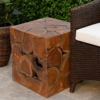 Anuv Square Side Table Stool with Grained Details, Brown Solid Teak Wood - BM339746