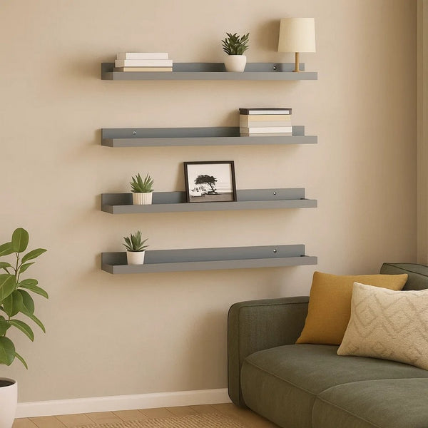 Suzzy Wall Mounting Shelves Set of 4, Floating Design, Gray Wood, 16 Inch - BM339752