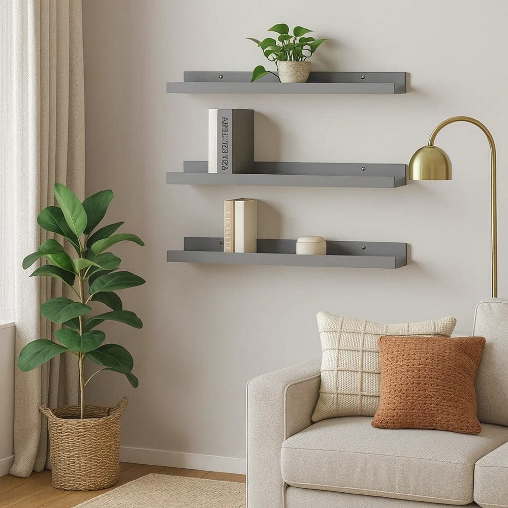 Suzzy Wall Mounting Shelves Set of 4, Floating Design, Gray Wood, 16 Inch - BM339752