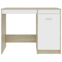 Ami Office Desk with Cabinet, White and Oak Beige Wood, Chrome Handle - BM339753
