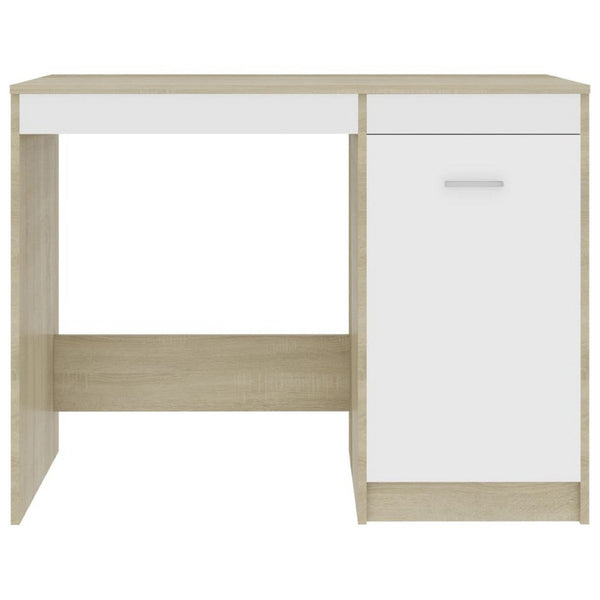 Ami Office Desk with Cabinet, White and Oak Beige Wood, Chrome Handle - BM339753