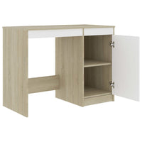 Ami Office Desk with Cabinet, White and Oak Beige Wood, Chrome Handle - BM339753