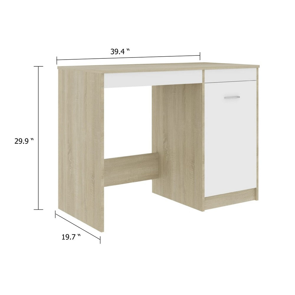 Ami Office Desk with Cabinet, White and Oak Beige Wood, Chrome Handle - BM339753