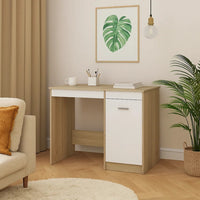 Ami Office Desk with Cabinet, White and Oak Beige Wood, Chrome Handle - BM339753