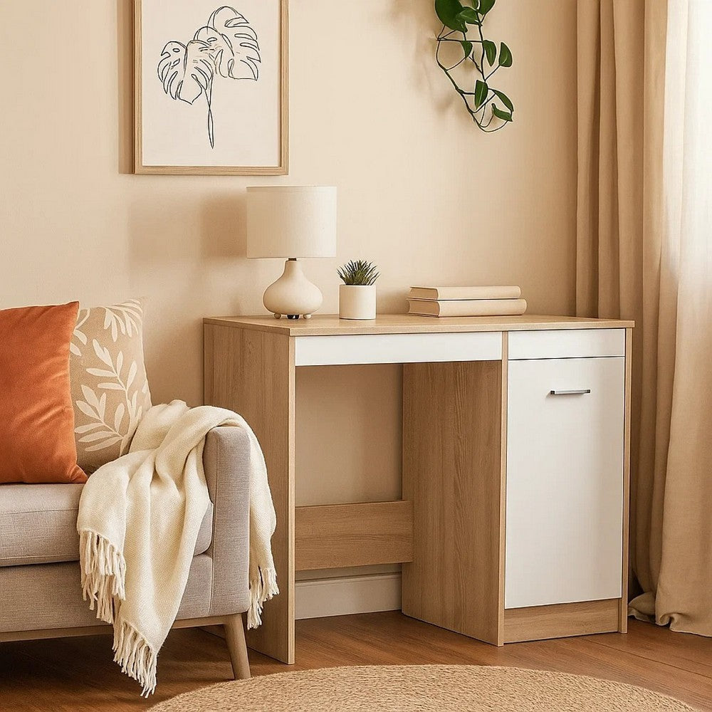 Ami Office Desk with Cabinet, White and Oak Beige Wood, Chrome Handle - BM339753