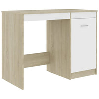 Ami Office Desk with Cabinet, White and Oak Beige Wood, Chrome Handle - BM339753