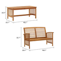 Kim 2pc Garden Lounge Set w Bench and Coffee Table, Slatted Brown Wood - BM339754