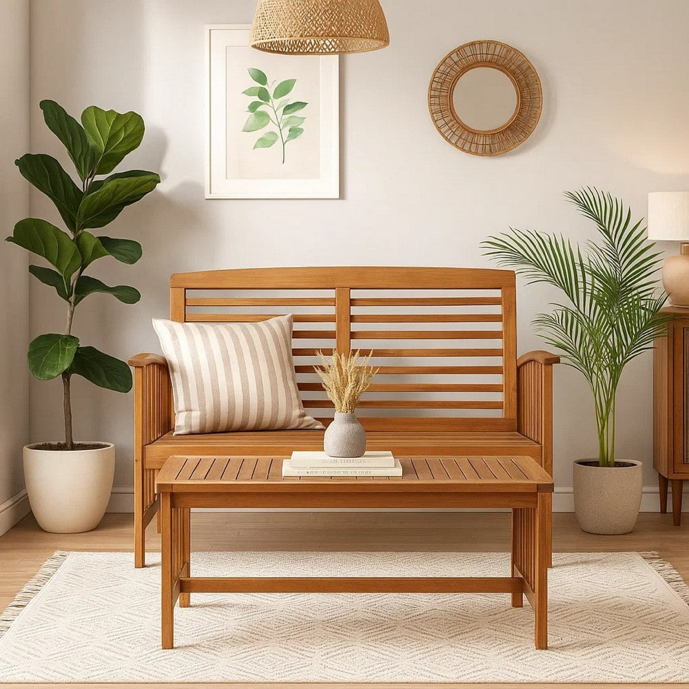 Kim 2pc Garden Lounge Set w Bench and Coffee Table, Slatted Brown Wood - BM339754