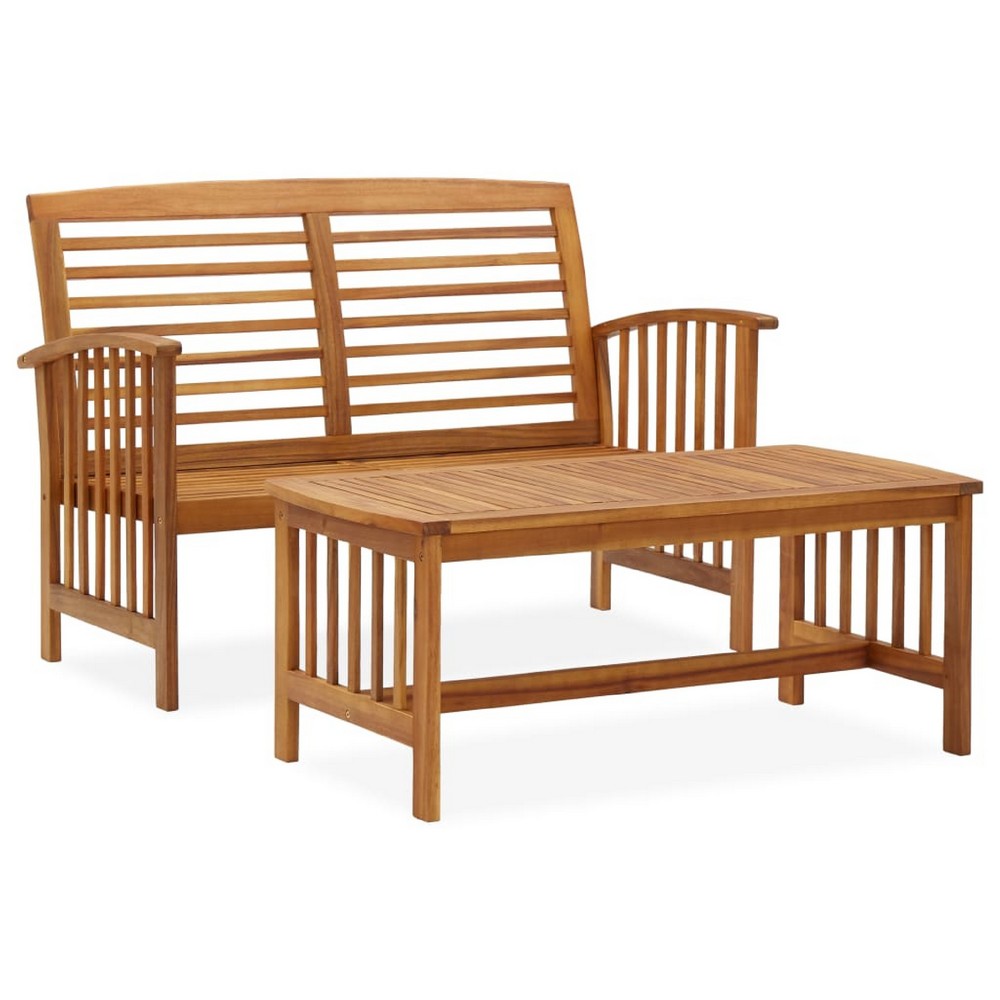 Kim 2pc Garden Lounge Set w Bench and Coffee Table, Slatted Brown Wood - BM339754