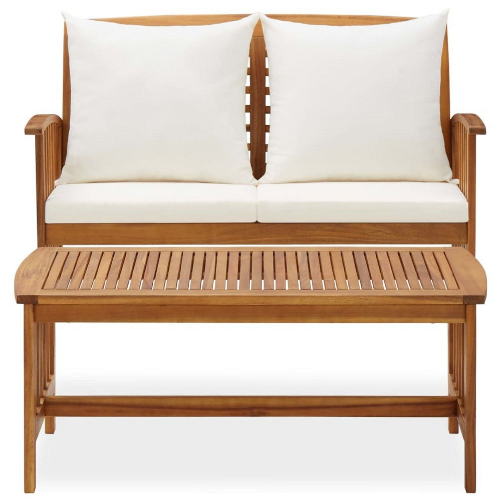 Kim 2pc Garden Lounge Set w Bench and Table, Cream Cushions, Brown Wood - BM339755