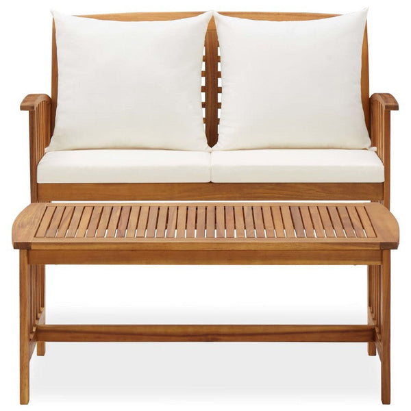 Kim 2pc Garden Lounge Set w Bench and Table, Cream Cushions, Brown Wood - BM339755