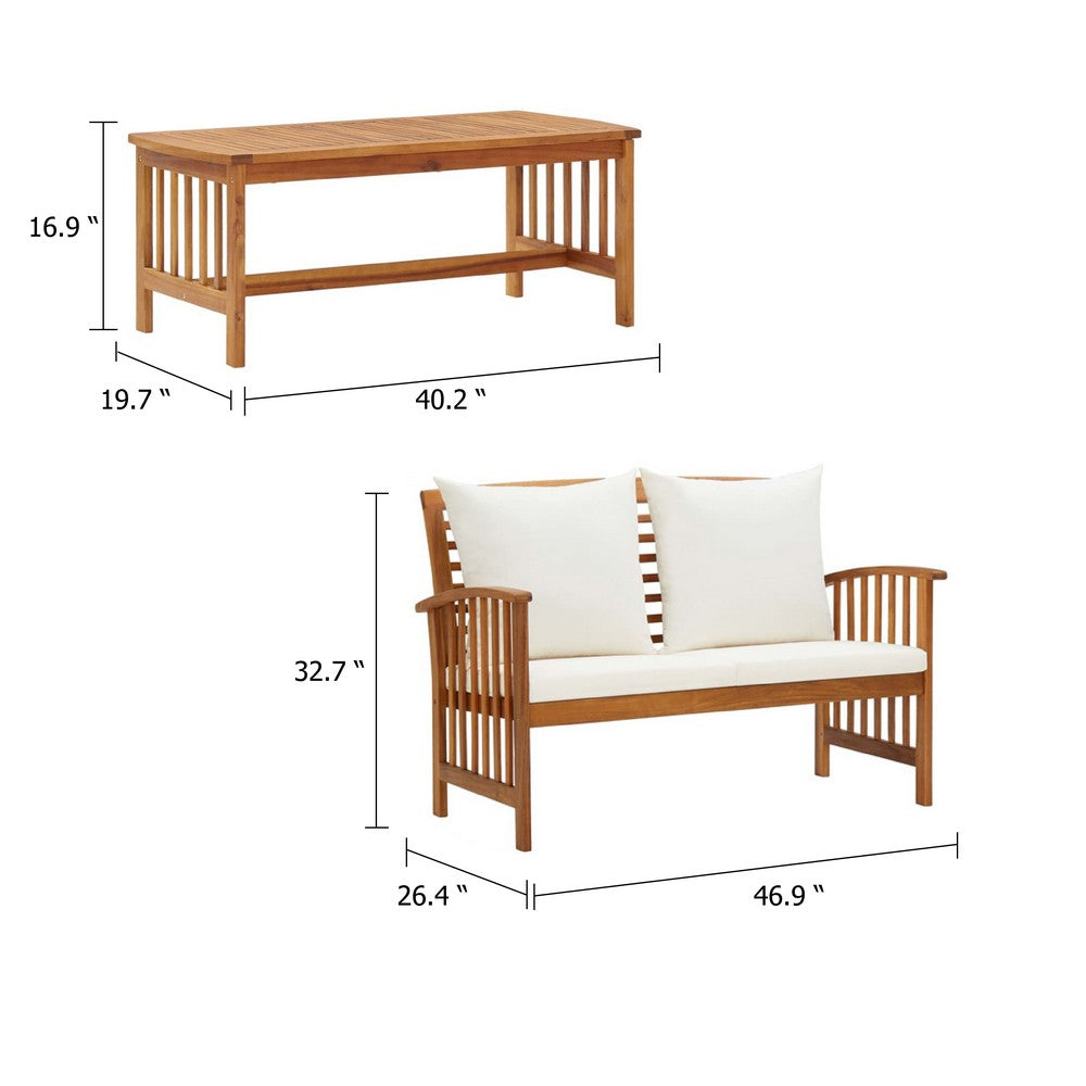 Kim 2pc Garden Lounge Set w Bench and Table, Cream Cushions, Brown Wood - BM339755
