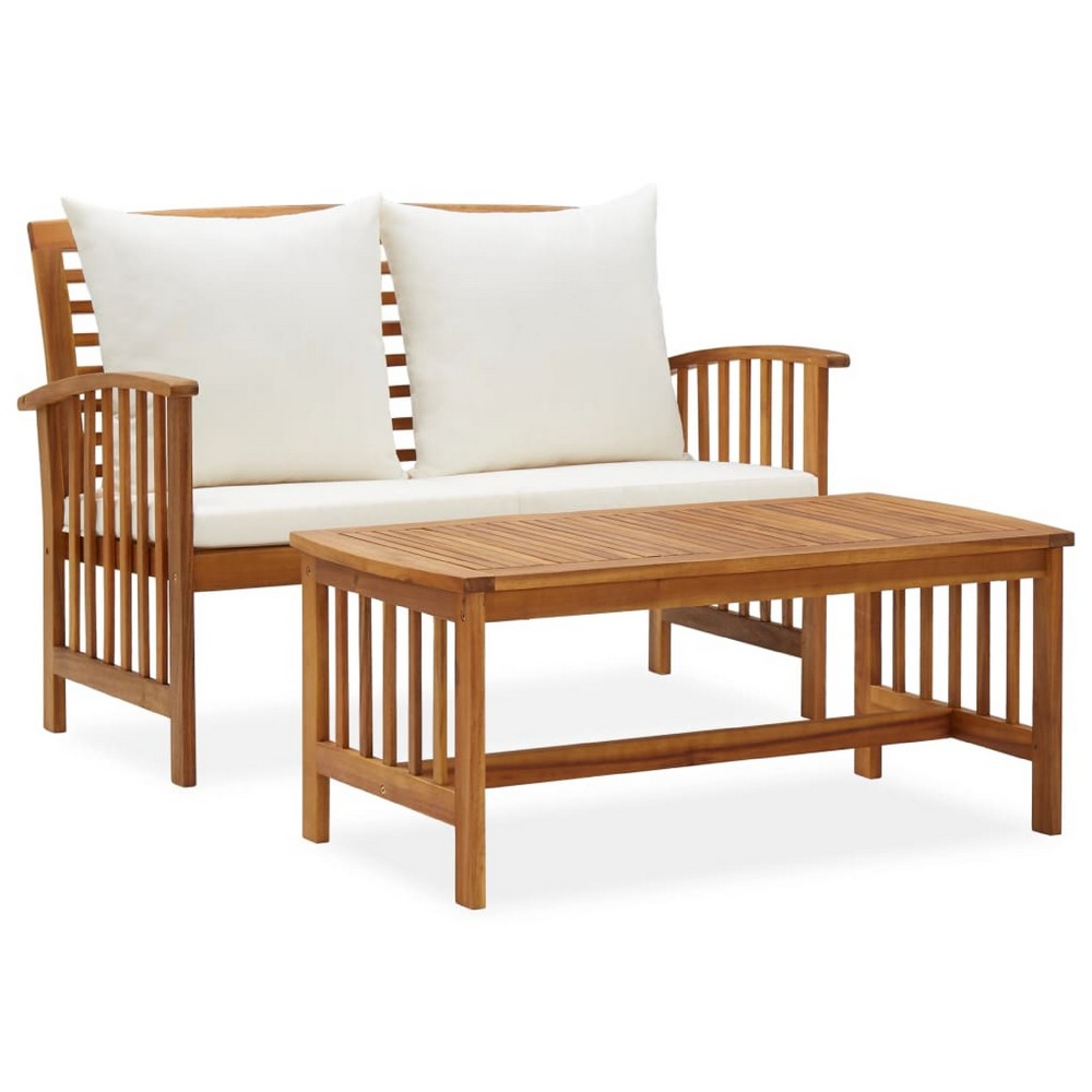 Kim 2pc Garden Lounge Set w Bench and Table, Cream Cushions, Brown Wood - BM339755