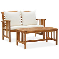 Kim 2pc Garden Lounge Set w Bench and Table, Cream Cushions, Brown Wood - BM339755