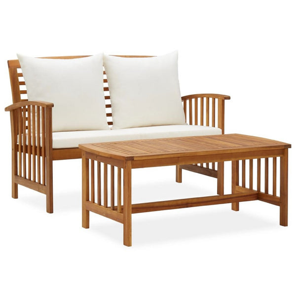 Kim 2pc Garden Lounge Set w Bench and Table, Cream Cushions, Brown Wood - BM339755