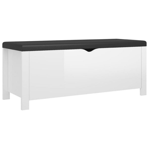 Storage Box Bench w Seat Cushion, White Wood, 41 Inch Black Faux Leather - BM339756