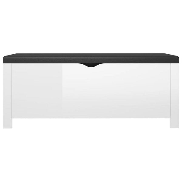 Storage Box Bench w Seat Cushion, White Wood, 41 Inch Black Faux Leather - BM339756