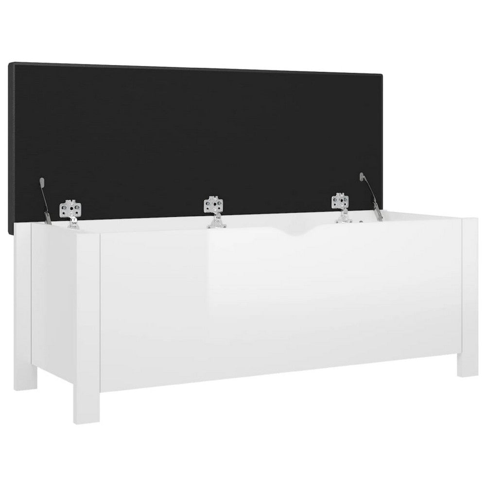 Storage Box Bench w Seat Cushion, White Wood, 41 Inch Black Faux Leather - BM339756